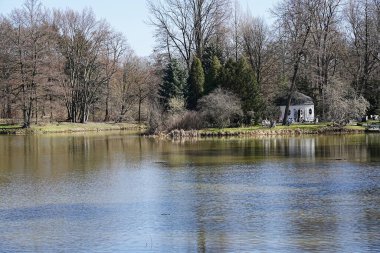 Polonya 'nın Pszczyna kasabasındaki gölet sularına yansıyan park