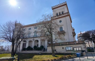Marvelous Sulkowski castle in european Bielsko-Biala city in Silesian district in Poland, clear blue sky in 2022 sunny spring day on April.