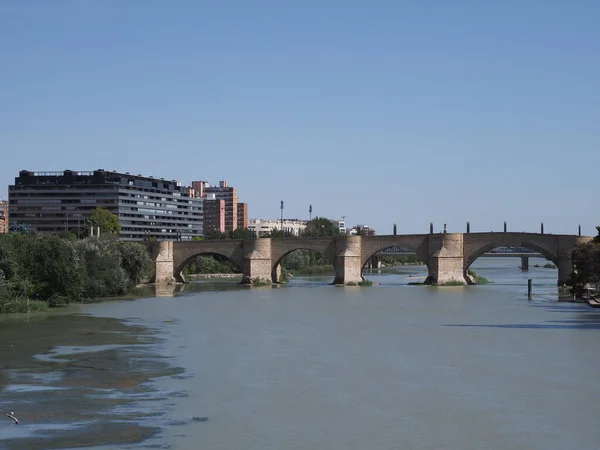 Stony Bridge Lions Ebro River European Saragossa City Aragon District — Foto Stock