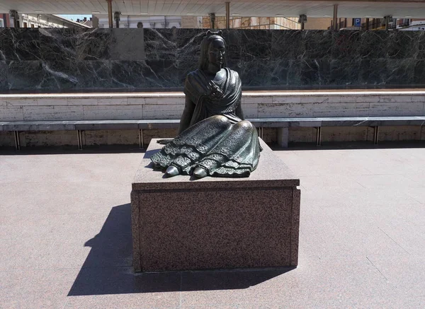 Statue of woman by Goya in european Saragossa city at Aragon district in Spain in 2019 warm sunny summer day on September.