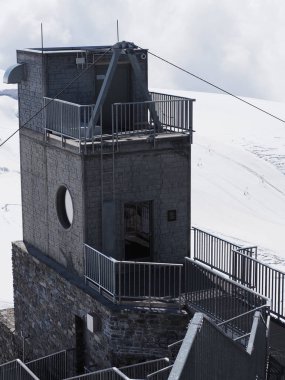 Tower on 3 883 m at Klein Matterhorn in canton Valais near Zermatt town in Switzerland in 2018 cold sunny summer day on August - vertical