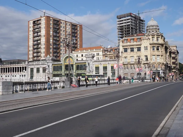BILBAO, SPAIN on September 2019: Cityscape and railway station in european city at Biscay province, clear blue sky in warm sunny summer day.