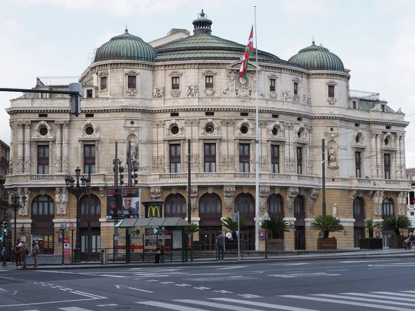 BILBAO, SPAIN on September 2019: Arriaga theater in old town of european city at Biscay province, clear blue sky in warm sunny summer day.