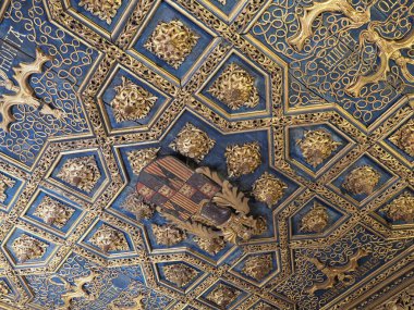 2019 yılında İspanya 'nın Aragon ilçesindeki Avrupa şehrindeki Saragossa şehrindeki sarayın süslü tavanı, Eylül ayında sıcak ve güneşli bir yaz günüdür..