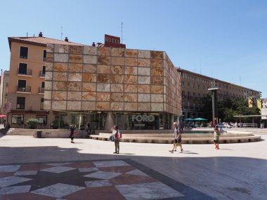ZARAGOZA, SPAIN on SEPTEMBER 2019: Main Plaza del Pilar square in european city at Aragon district, clear blue sky in warm sunny summer day.