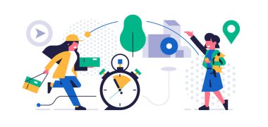 Çevrimiçi paket servis konsepti. Paketin evinize hızlı teslimi için online servis. Kurye kadın köpeği olan bir kız için sipariş veriyor. Şehir, kronometre. Düz vektör illüstrasyonu