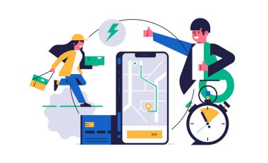Çevrimiçi paket servis konsepti. Şehir haritasındaki sipariş teslimatını takip eden telefon ekranda. Kurye kız müşteri siparişiyle kaçıyor. Banka kartı, dur saat. Düz vektör illüstrasyonuName