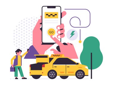 Taksi çağırma mobil uygulama konsepti. Vitrine taksi çağıran telefonu tutan bir el. Araba bagajı, yolcu, ikon, rozet. Düz vektör illüstrasyonu