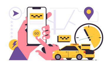 Taksi çağırma mobil uygulama konsepti. Vitrine taksi çağıran telefonu tutan bir el. Şehir taksi servisi. Sarı araba, kronometre, harita, GPS. Düz vektör illüstrasyonu