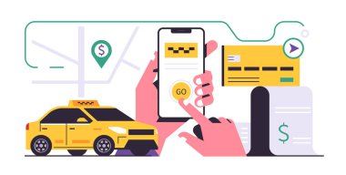 Taksi çağırma mobil uygulama konsepti. Vitrine taksi çağıran telefonu tutan bir el. Cep telefonu uygulaması üzerinden yapılan bir seyahat için başarılı bir online ödeme. Düz vektör illüstrasyonu