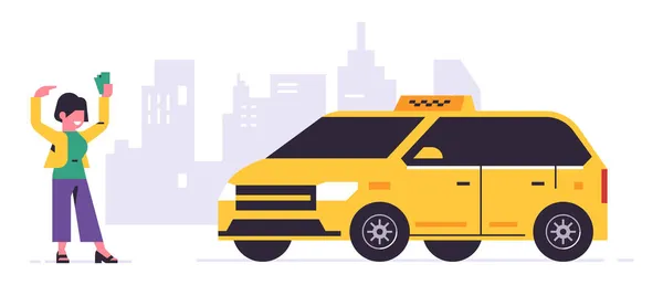 Online taxi besteldienst. Een chauffeur in een gele taxi, een passagier, het vervoer van mensen. Meisje met geld, stad, taxi. Vectorillustratie geïsoleerd op achtergrond. — Stockvector