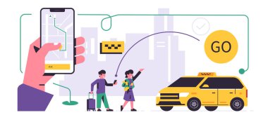 Taksi çağırma mobil uygulama konsepti. Şehir haritasında akıllı telefon ekranında taksi rezervasyonu yapan telefonu tutan bir el. Aile sarı bir taksi bekliyor. Düz vektör illüstrasyonu