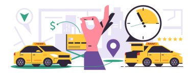 Çevrimiçi taksi sipariş servisi. Şehir taksi servisi. Şehrin arka planında sarı bir taksi. El gösterimi tamam sembolü, kronometre, banka kartı, sokak haritası, beş yıldız, ücret. Düz vektör illüstrasyonu