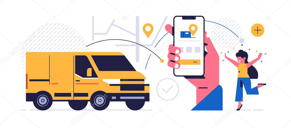 Online parcel delivery service concept. Mobile app concept. Hand holding phone with parcel delivery application on display. The truck brought the order to a happy woman. Flat vector illustration