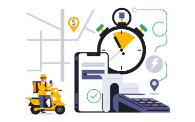 Evinize çevrimiçi yemek servisi. Kurye yiyecek teslimatı için bir emir aldı. Çevrimiçi ödeme başarılı oldu. Telefon, ödeme, terminal, çek, scooter, harita, adres. Vektör illüstrasyonu