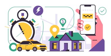 Taksi çağırma mobil uygulama konsepti. Vitrine taksi çağıran telefonu tutan bir el. Sarı bir araba evde bir yolcuyu bekliyor. Şehir haritası, kronometre.