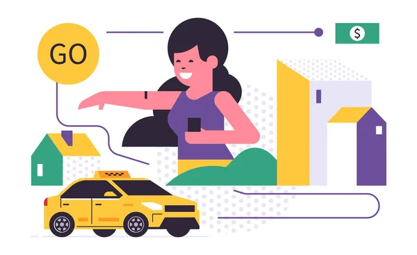 Online taxi objednávání služby. Žlutý taxík. Přeprava lidí ve žlutém autě. Šťastná žena, město, domy, fronta. Izolovaná vektorová ilustrace — Stockový vektor