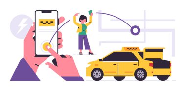 Taksi çağırma mobil uygulama konsepti. Vitrine taksi çağıran telefonu tutan bir el. Şehir taksi servisi, sarı araba, şehir haritası, mutlu kadın. Düz vektör illüstrasyonu