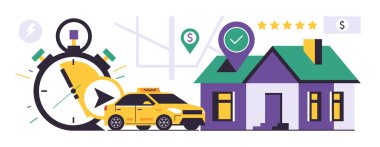 Çevrimiçi taksi sipariş servisi. Şehir taksi servisi. Sarı taksi eve ulaşım emrini başarıyla tamamladı. Beş yıldızlı reyting. Düz vektör illüstrasyonu.