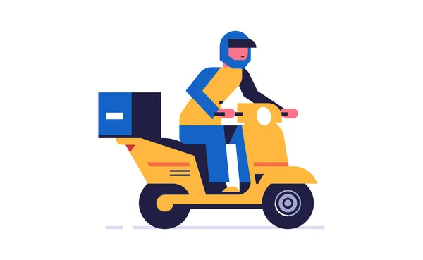 Courrier livraison en ligne de colis. Un livreur conduit une moto jaune portant un casque avec une boîte de commande. Illustration vectorielle plate isolée sur fond — Image vectorielle