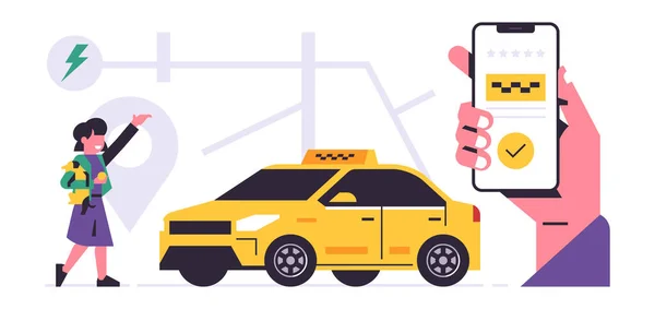 Service de commande de taxi concept d'application mobile. Une main tenant un téléphone avec réservation d'un taxi sur l'écran. Service de taxi urbain, voiture jaune, carte de la ville, femme heureuse. Illustration vectorielle plate — Image vectorielle