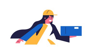 Paketleri teslim ederken mutlu kurye. Üniformalı bir kuryeden paket teslimatı. Elinde sipariş kutusu olan mutlu bir kadın. Düz vektör çizimi arkaplanda izole edildi