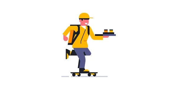 Ένας μεταφορέας παραδίδει μια παραγγελία σε ένα skateboard. Online υπηρεσία παράδοσης δεμάτων και τροφίμων στο σπίτι σας. Ταχυδρόμος με στολή εργασίας. Σακίδιο, τσάντα, πακέτο, φαγητό, καφέ, πίτσα. Εικονογράφηση διανύσματος — Διανυσματικό Αρχείο