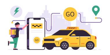 Taksi çağırma mobil uygulama konsepti. Sergilenen bir taksi için başvuru formu olan telefon. İnsanların araba ile taşınması. Çantalı adam, sarı araba, şehir, çizgi, simge, işaret.
