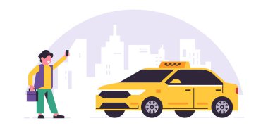 Çevrimiçi taksi sipariş servisi. Sarı taksideki bir şoför, yolcu, insan taşımacılığı. Çantalı bir adam, şehir, taksi. Vektör illüstrasyonu arkaplanda izole edildi