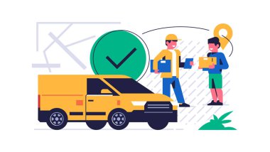 Çevrimiçi paket servis konsepti. Paketin evinize hızlı teslimi için online servis. Kurye, çocuğun siparişiyle birlikte kutuyu verdi. Sarı kurye arabası, arka planda sokak haritası..