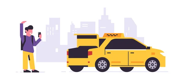 Online taxi objednávání služby. Řidič ve žlutém taxíku, pasažér, převoz lidí. Muž s kufříkem, město, taxík. Vektorová ilustrace izolovaná na pozadí. — Stockový vektor