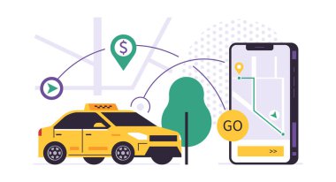 Taksi siparişi mobil uygulama konsepti. Şehir haritasında bir taksi çağırmak için telefon edin. İnsan taşıma hizmeti. Sarı araba, şehir haritası, GPS noktası, ikon. Düz vektör illüstrasyonu