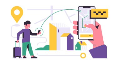 Taksi çağırma mobil uygulama konsepti. Şehir haritasında akıllı telefon ekranında taksi rezervasyonu yapan telefonu tutan bir el. Şehir taksi servisi. Düz vektör illüstrasyonu
