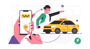 Taksi çağırma mobil uygulama konsepti. Vitrine taksi çağıran telefonu tutan bir el. Şehir taksi servisi. Sarı araba, mutlu adam. Düz vektör illüstrasyonu