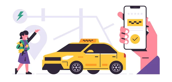 Service de commande de taxi concept d'application mobile. Une main tenant un téléphone avec réservation d'un taxi sur l'écran. Fille avec un chien, plan de rue, épingle. Illustration vectorielle plate — Image vectorielle