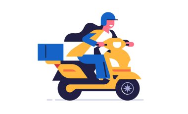 Kurye motosikletle paket teslim ediyor. Mutlu kadın kurye, sarı bir motosikletle kutu paket teslim ediyor. Ev teslimat servisi. Düz vektör çizimi arkaplanda izole edildi