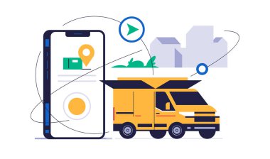 Çevrimiçi paket servis konsepti. Mobil uygulama kavramı. Paket teslimat uygulamalı telefon ekranda. Şehrin arka planında ve telefonunda sipariş kutusu şeklinde sarı kurye kamyonu.