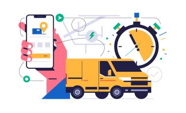 Çevrimiçi paket servis konsepti. Mobil uygulama kavramı. Paket teslimat uygulaması sergilenen el ele tutuşan telefon. Sarı kurye kamyonu şehir haritası arkaplanında sipariş taşıyor.