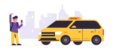Çevrimiçi taksi sipariş servisi. Sarı taksideki bir şoför, yolcu, insan taşımacılığı. Çantalı bir adam, şehir, taksi. Vektör illüstrasyonu arkaplanda izole edildi.