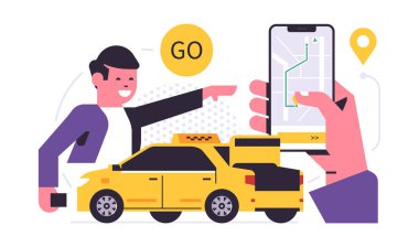 Taksi çağırma mobil uygulama konsepti. Şehir haritasında akıllı telefon ekranında taksi rezervasyonu yapan telefonu tutan bir el. Mutlu adam, sarı araba, iğne, GPS noktası. Düz vektör illüstrasyonu