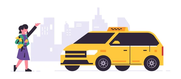 Online taxi objednávání služby. Žlutý taxikář a pasažér. Dívka se psem, městem, taxíkem. Vektorová ilustrace izolovaná na pozadí. — Stockový vektor
