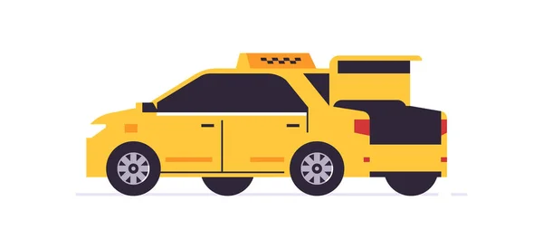 Κίτρινο αυτοκίνητο της online υπηρεσία παραγγελίας ταξί. Κίτρινη πίσω όψη αυτοκινήτου. Υπηρεσία αστικών ταξί. Άνοιξε το πορτ μπαγκάζ. Εικονογράφηση διανύσματος απομονωμένη στο φόντο. — Διανυσματικό Αρχείο