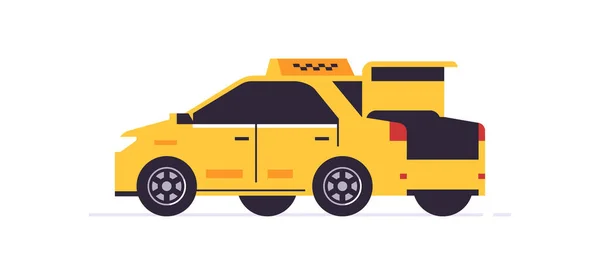 Carro amarelo de táxi on-line encomendar serviço. Vista traseira do carro amarelo. Serviço de táxi urbano. Abra o porta-malas. Ilustração vetorial isolada em fundo. — Vetor de Stock