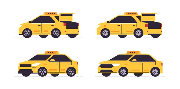 Ensemble de service de taxi voiture jaune en ligne. Taxi jaune vue avant et arrière, coffre ouvert, mini van. Service de taxi urbain. Vérificateurs sur le toit. Illustration vectorielle isolée sur fond. — Image vectorielle