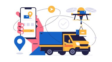 Çevrimiçi paket servis konsepti. Mobil uygulama kavramı. Paket teslimat uygulaması sergilenen el ele tutuşan telefon. Kurye kamyonu ve sipariş kutusuyla uçan drone. Hızlı ulaşım emri.