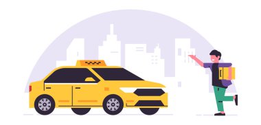 Çevrimiçi taksi sipariş servisi. Sarı taksideki bir şoför, yolcu, insan taşımacılığı. Elinde bavul, şehir, taksi olan bir adam. Vektör illüstrasyonu arkaplanda izole edildi.