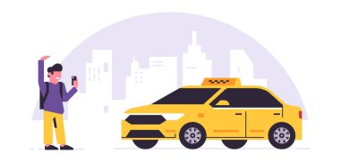 Çevrimiçi taksi sipariş servisi. Sarı taksideki bir şoför, yolcu, insan taşımacılığı. Çantalı bir adam, şehir, taksi. Vektör illüstrasyonu arkaplanda izole edildi.