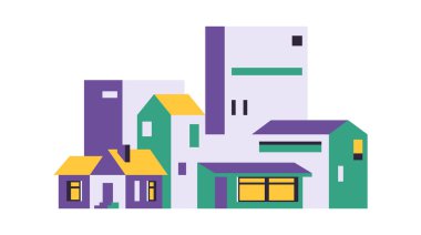 Şehir manzarası. Büyük evleri ve mağazası olan bir şehir. Vektör illüstrasyonu arkaplanda izole edildi.