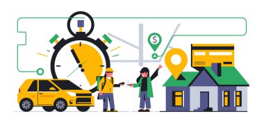 Evinize çevrimiçi yemek servisi. Yemek teslimatı için ödeme terminalinden başarılı bir ödeme yapılmadı. Banka kartı, adres, harita, rota, GPS, NFC, araba. Vektör illüstrasyonu