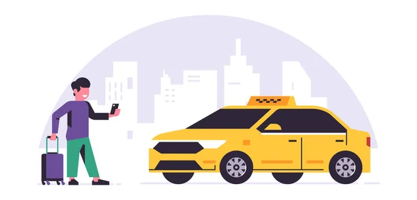 Online taxi ordering service. A driver in a yellow taxi, a passenger, transportation of people. Man with a suitcase, city, cab. Vector illustration isolated on background. — Stockvektor